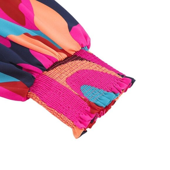 Red and Pink Print Belted Puff Sleeve Mini Dress - Picture 7 of 8